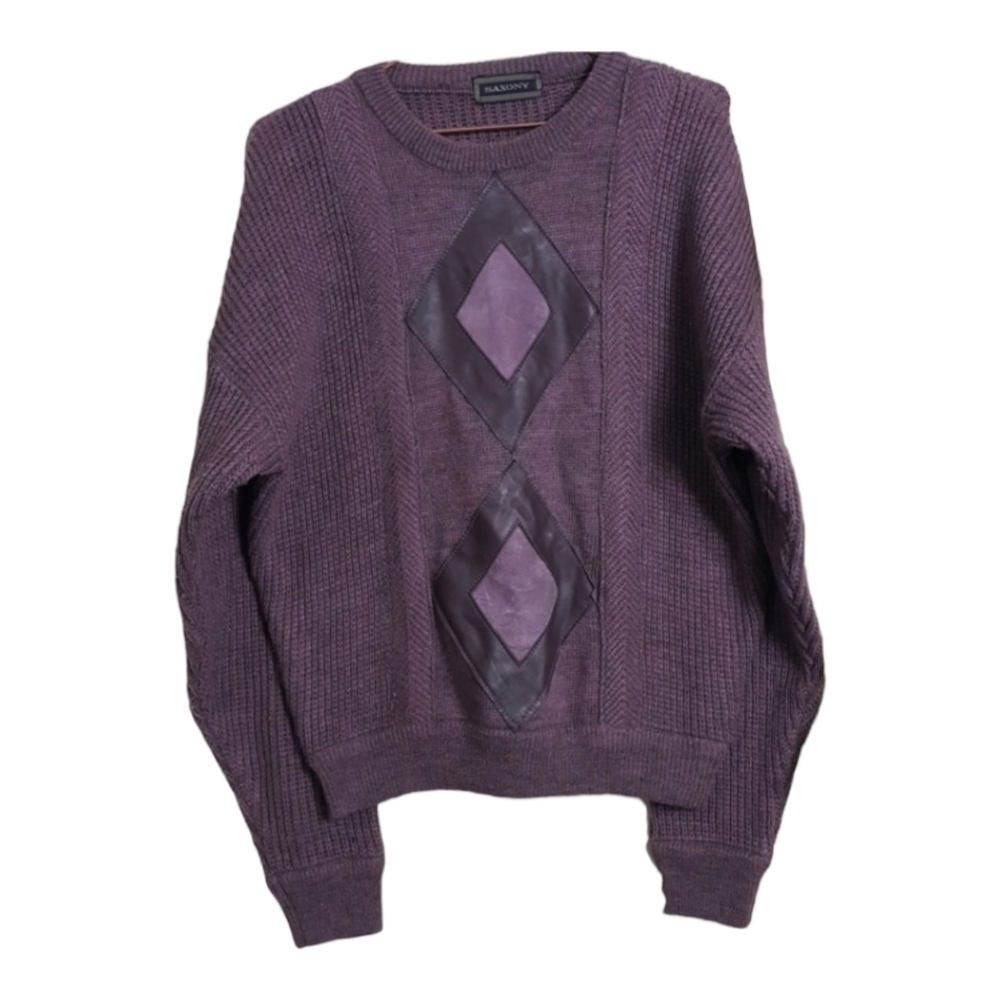 Vintage Chunky Knit Sweater Purple Leather Details Medium Wool Blend